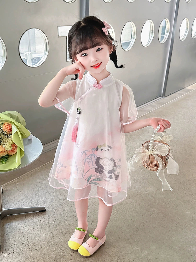 Kids Cartoon Panda Cheongsam Dress A- line Style Girls' Buckle Chinese Ancient Style Stitching Gauze Dress Children's Summer Clothes Dress